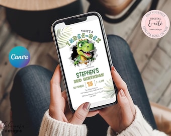 Editable Three-Rex Birthday Evite, T-Rex On The Loose Party Invite, Boy 3rd Birthday Electronic Invitation Canva Template BD010
