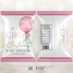 Editable Girl Baby Shower Chip Bag, Digital Pink Balloon Chip Bag, Eucalyptus Watercolor Girl Baby Shower Snacks Treats Favor CEP176