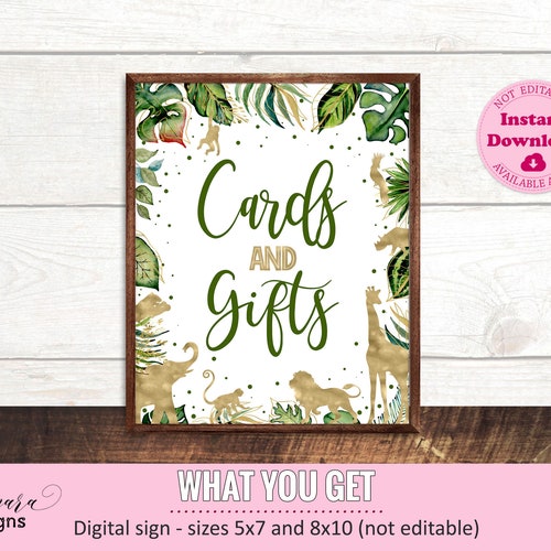 Cards and Gifts Sign Printable Gold Jungle Animals Cards and - Etsy