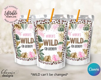 Editable Wild Juice Box Label, Leopard Print Birthday Party Juice Pouch Label Template, Girl Safari Jungle Party Juice Box Label CEP086