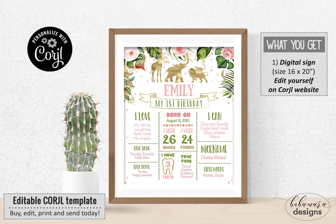 Gold Jungle Animals Milestone Sign Girls Editable Jungle Pink - Etsy