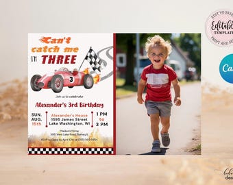 Editable Race Car 3rd Birthday Invitation Photo, Red Racing Car Can’t Catch Me I’m Three Invitation, Boy Driver Invite CEP098
