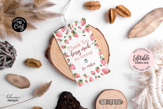 Editable Strawberries Gift Tag Template, Berry First Birthday Favor Tag ...