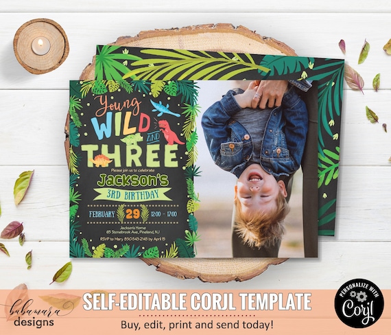 Editable Young Wild & Three Dinosaur Birthday Invitation Photo, Chalkboard Dinosaur Party Birthday Invite, Dinosaur Boy 3rd Birthday CEP037 Il_570xn