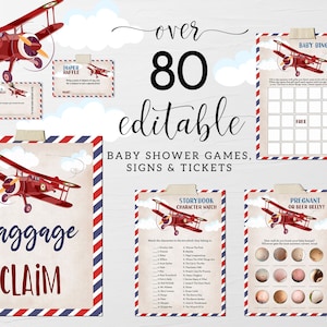 80 Editable Virtual Airplane Baby Shower Games and Signs Bundle, Vintage Plane Up Up and Away Boy Girl Baby Shower Games Signs CEP135