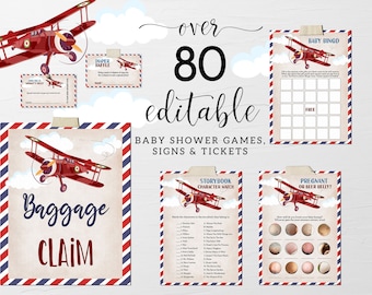 80 Editable Virtual Airplane Baby Shower Games and Signs Bundle, Vintage Plane Up Up and Away Boy Girl Baby Shower Games Signs CEP135