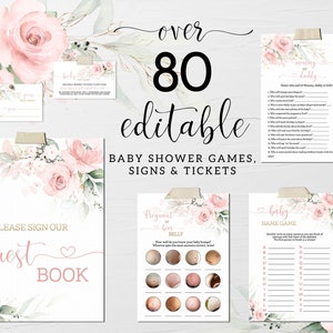 Blush Pink Floral Game Bundle, 80 Editable Virtual Baby Shower Games and Signs, Pink Gold Flowers Girl Baby Shower Games Signs CEP073