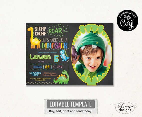 Dinosaur Birthday Invitation with Photo, Boy Dinosaur Party Birthday Invitation, Green Blue Dino Roar Invitation, Any Age Kids Invite CEP157 Il_570xn