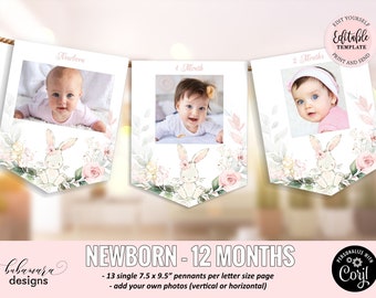 Editable Some Bunny 1st Birthday Photo Banner, Blush Pink Floral Photo Banner, Girl Rabbit Newborn 12 Months Picture Birthday Banner CEP077