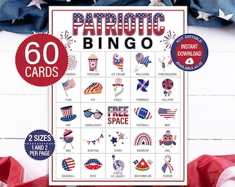 60 Patriotic Bingo Cards, Printable Independence Day Game Activity, Instant Download 4th of July Game for Kids and Adults