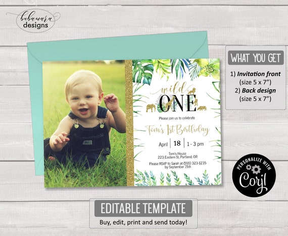 Jungle Wild One Invitation with Photo, Safari Animals First Birthday Invitation, Boy 1st Birthday Invitation, Editable Template CEP128C Il_570xn