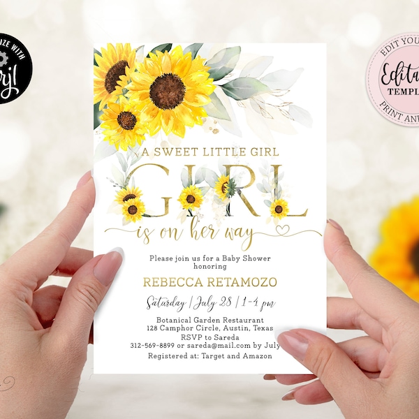 Editable Girl Sunflower Baby Shower Invitation, Greenery Floral Chic Baby Shower Invite, Sweet Girl Baby Shower Invitation CEP143