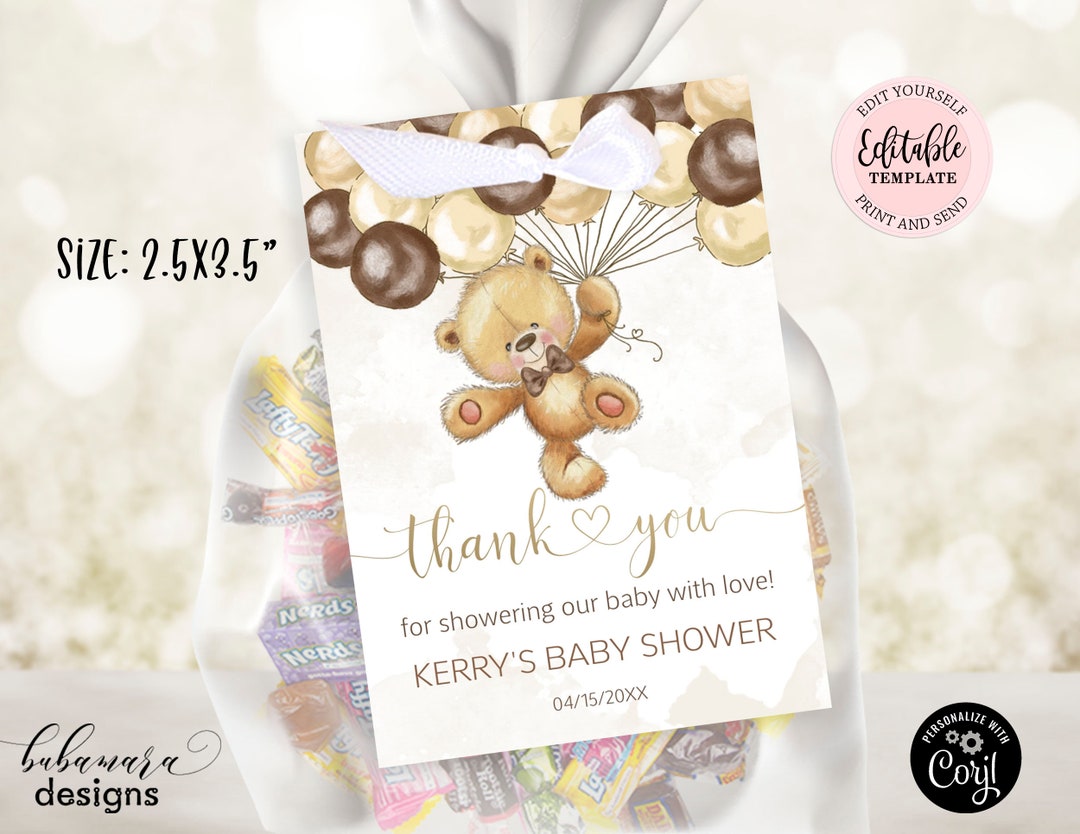 Editable Teddy Bear Gift Tag Template, Gender Neutral Bear Balloons Baby Shower Favor Thank You