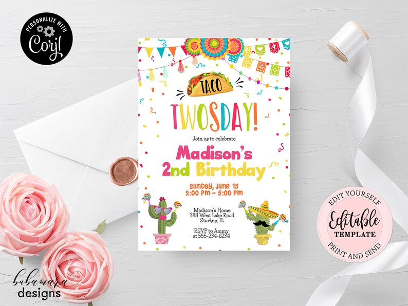 Editable Taco Twosday Birthday Invitation, Mexican Fiesta Birthday Invite, Boy or Girl Invite, Taco Cactus Birthday Party Invite CEP055 image 1