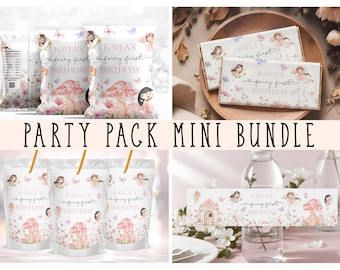 Editable First Birthday Bundle, Enchanted Garden Party Pink Floral Butterfly Mushroom, Chip Bag, Juice Box, Canva Template BD001