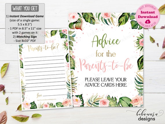 Tropical Baby Shower Advice Card and Sign, Advice for Parents to Be, Pink Floral Baby Shower Advice, Safari Girl Baby Shower Games CEP038 Il_570xn