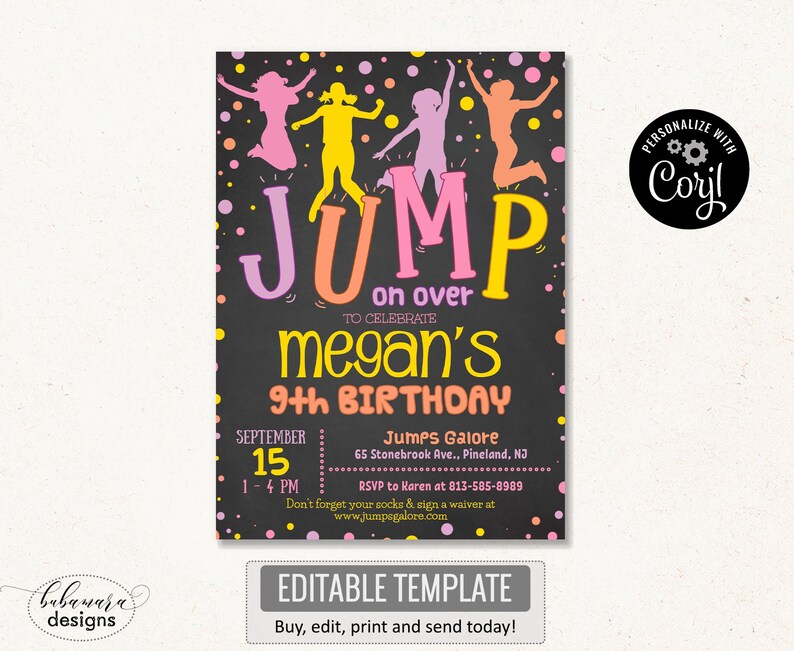 Jumping Birthday Girl Invitation Bounce Party Invitation Etsy