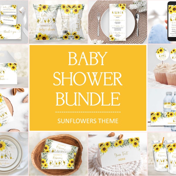Editable Sunflowers Baby Shower Bundle, Girl Baby Shower Bundle Set, Yellow Sunflowers Floral Gold Flowers Bundle CEP143