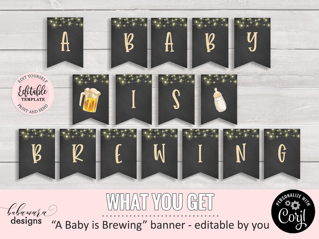 Editable A Baby is Brewing Banner, Fishtail Baby Shower Banner, Beer ...