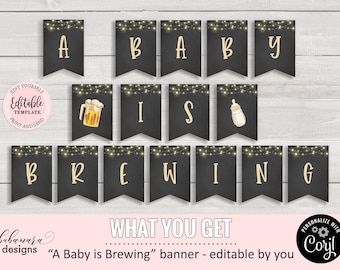 Editable A Baby Is Brewing Banner, Fishtail Baby Shower Banner, Beer and Bottle Banner, A Baby Is Brewing Baby Shower Pennants CEP044