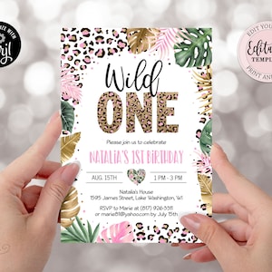 Editable Wild One Leopard Print Invitation, Jungle Birthday Party Invite Girl, Leopard Print Safari 1st Birthday Digital Invite CEP086