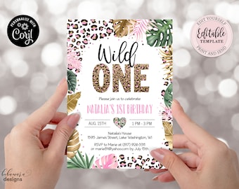 Editable Wild One Leopard Print Invitation, Jungle Birthday Party Invite Girl, Leopard Print Safari 1st Birthday Digital Invite CEP086