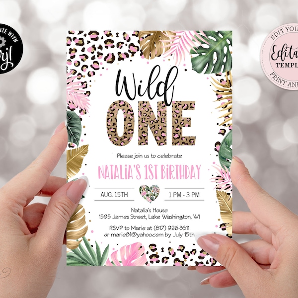 Editable Wild One Leopard Print Invitation, Jungle Birthday Party Invite Girl, Leopard Print Safari 1st Birthday Digital Invite CEP086