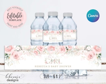 Editable It's a Girl Water Bottle Label, Blush Pink Gold Floral Water Bottle Labels Template, Girl Baby Shower Watter Bottle Label CEP073