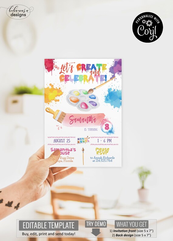 Art Birthday Party Invitation, Paint Party Invitation, Painting Party Invitation Girl, Art Party Invite, Let's Create and Celebrate CEP140 Il_570xn