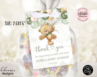 Editable Teddy Bear Gift Tag Template, Boy Bear Green Gold Balloons Baby Shower Favor Thank You Tag, We Can Bearly Wait Gift Tag CEP078