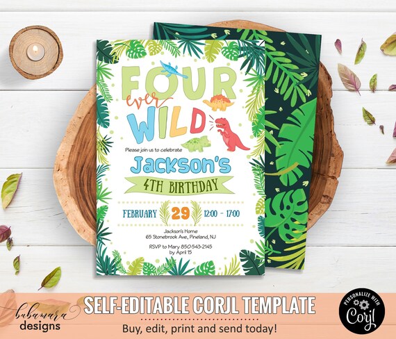 Four Ever Wild Dinosaur Birthday Invitation, Boy Dinosaur Party Birthday Invite, Editable Dinosaurs 4th Birthday Invitation Template CEP037 Il_570xn