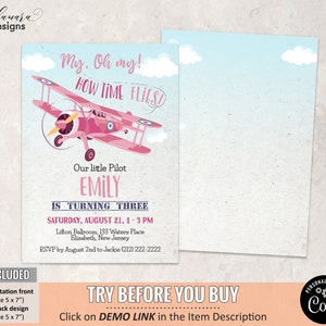 Pink Airplane Birthday Invitation Girl, Editable Plane Birthday Invitation, Girl Pilot Invitation, Blue Sky Biplane Party Invite CEP135 image 3