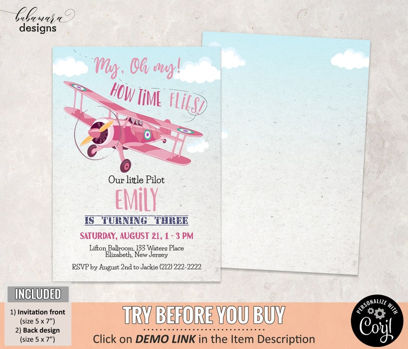 Pink Airplane Birthday Invitation Girl, Editable Plane Birthday Invitation, Girl Pilot Invitation, Blue Sky Biplane Party Invite CEP135 image 3