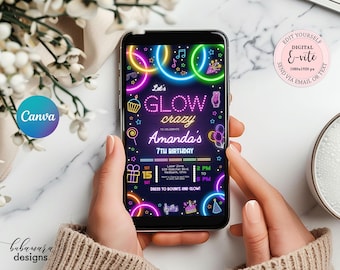 Evite d'anniversaire modifiable pour une fête d'anniversaire, modèle de toile électronique fille néon lueur folle sur invitation BD012