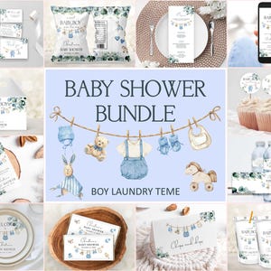Editable Boy Baby Shower Bundle, Blue Laundry Baby Shower Set, Dresses Clothes Line Baby Shower Mega Bundle Eucalyptus Greenery CEP171