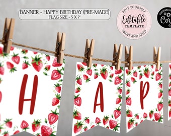 Editable Strawberry Banner, Happy Birthday Strawberry Banner, Berry First Birthday, Berry Sweet Banner, Girl Baby Shower Banner CEP075