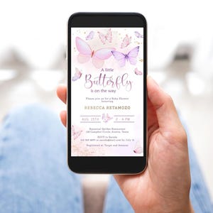Editable Butterfly Baby Shower Evite, Girl Little Butterfly Baby Shower Electronic Invitation, Pink Purple Baby Shower Digital E-vite CEP087 image 2