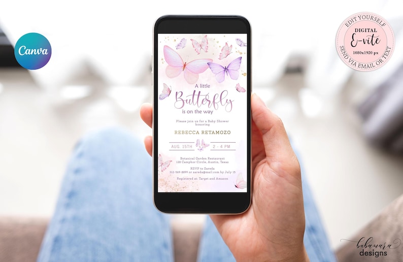 Editable Butterfly Baby Shower Evite, Girl Little Butterfly Baby Shower Electronic Invitation, Pink Purple Baby Shower Digital E-vite CEP087 image 2