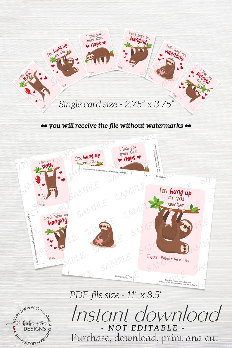Printable Kids Sloth Classroom Valentine Cards, Sloth Valentine Tags ...