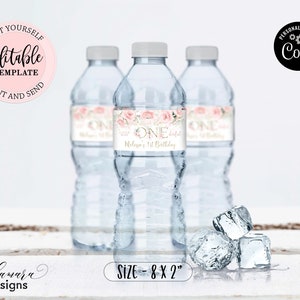 Blush Pink Floral Onederful Water Bottle Label, Editable Pink Gold Water Bottle Label Template, Girl 1st Birthday Watter Bottle Label CEP073 image 5