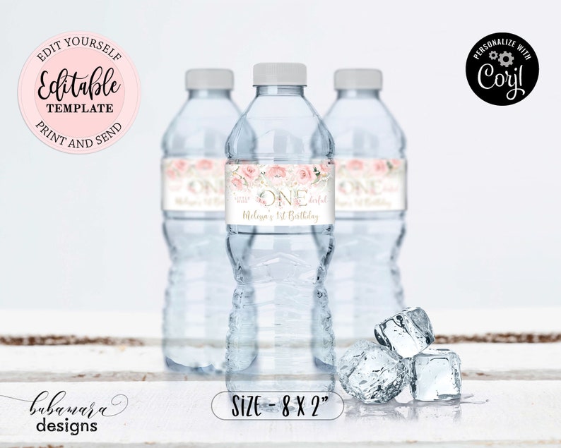 Blush Pink Floral Onederful Water Bottle Label, Editable Pink Gold Water Bottle Label Template, Girl 1st Birthday Watter Bottle Label CEP073 image 5