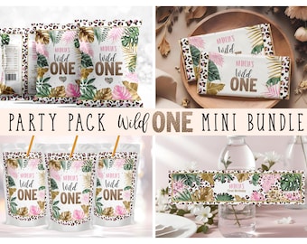 Editable First Birthday Bundle, Wild One Leopard Print Chip Bag, Juice Box, Canva Template CEP086