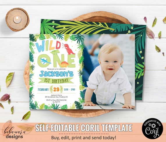 Wild One Dinosaur Birthday Invitation with Photo, Boy Dinosaur Party Birthday Invitation, Editable Dinosaurs Boy 1st Birthday Invite CEP037 Il_570xn