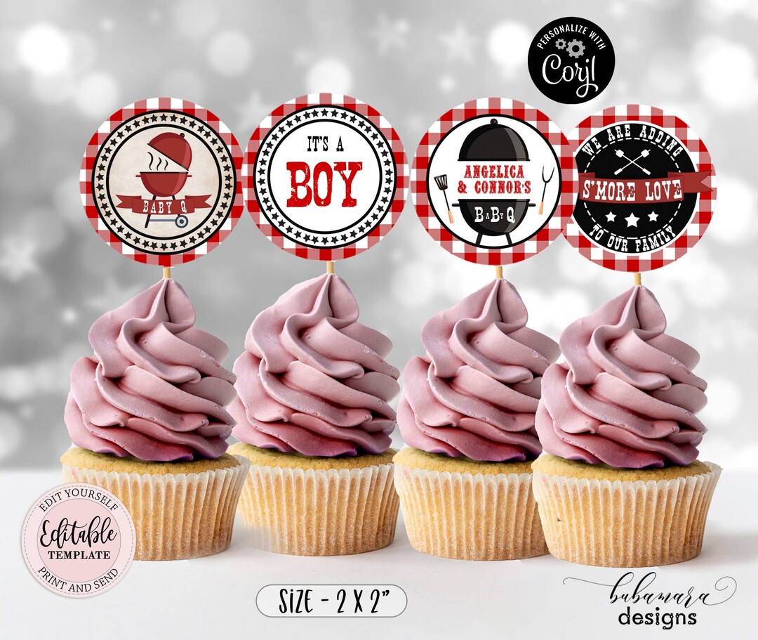 Editable BBQ Baby Shower Cupcake Toppers, Baby Q Cake Toppers, Backyard