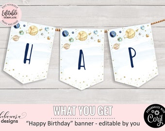 Editable Outer Space Banner, Galaxy Pennants, Boy Happy Birthday Banner, Planets Birthday Banner, Happy Birthday Space Banner CEP071