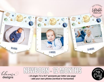 Editable Outer Space 1st Birthday Photo Banner, Galaxy Monthly Photo Banner, Astronaut Boy Newborn 12 Months Picture Birthday Banner CEP071