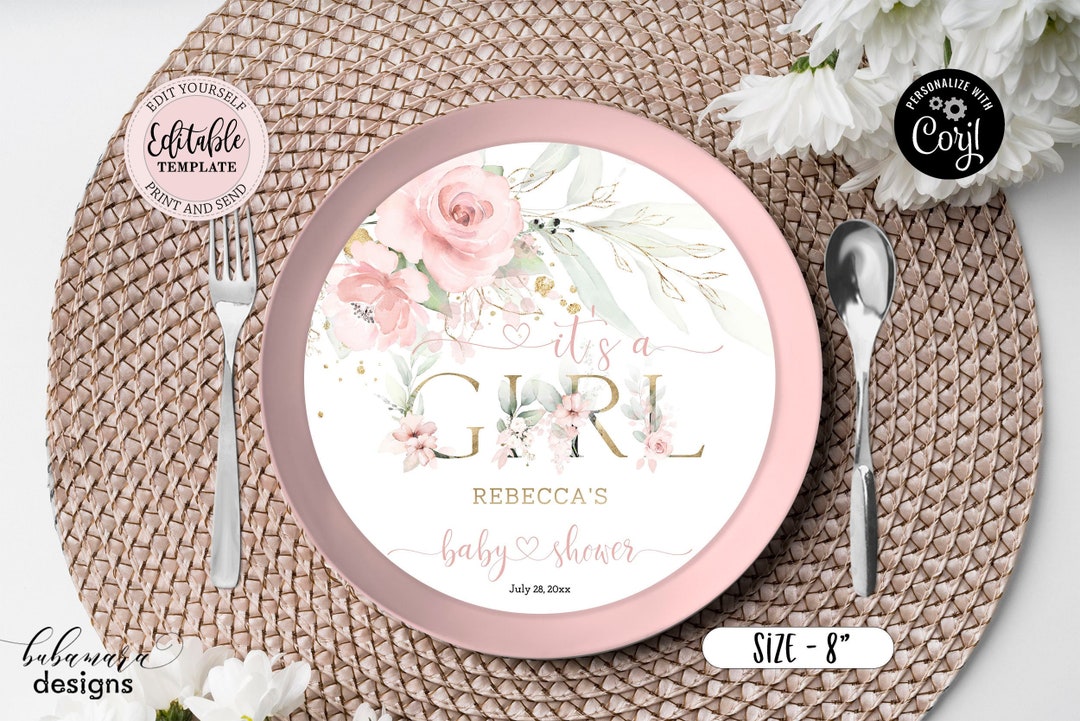 Editable It's a Girl Charger Plate Insert, Blush Pink Floral Charger