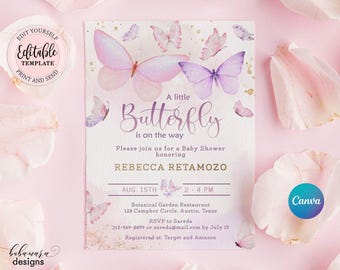 Edytowalne zaproszenie na baby shower z motylem dla dziewczynki, małe zaproszenie na baby shower z motylem, różowo-fioletowo-złote zaproszenie na baby shower z motylem CEP087