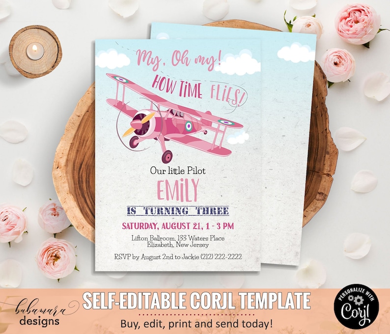 Pink Airplane Birthday Invitation Girl, Editable Plane Birthday Invitation, Girl Pilot Invitation, Blue Sky Biplane Party Invite CEP135 image 1