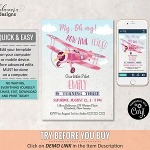 Pink Airplane Birthday Invitation Girl, Editable Plane Birthday Invitation, Girl Pilot Invitation, Blue Sky Biplane Party Invite CEP135 image 5